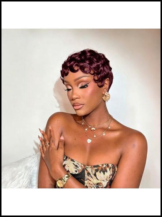 Pixie Cut Curly Human Hair Wig 99J Color Glueless Wear and Go Short Layered main image 4